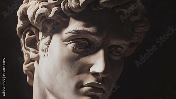 Fototapeta Front view of the gypsum statue of David's head, showcasing the heroic expression and classical beauty of the ancient Greek sculpture replica on a dark background
