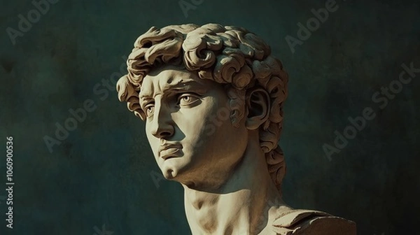 Fototapeta Front view of the gypsum statue of David's head, showcasing the heroic expression and classical beauty of the ancient Greek sculpture replica on a dark background