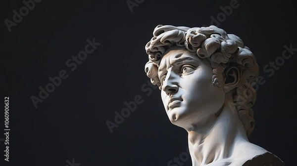 Fototapeta Front view of the gypsum statue of David's head, showcasing the heroic expression and classical beauty of the ancient Greek sculpture replica on a dark background