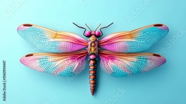 Fototapeta A vivid, digitally rendered dragonfly with vibrant pink and blue wings against a light blue background, showcasing intricate details and patterns.