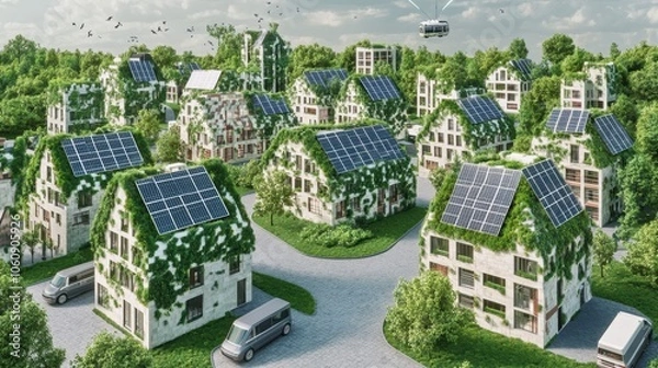 Fototapeta detailed 3D model of a net-zero urban environment, featuring solar panels on buildings, electric vehicles, and lush green spaces connecting city structures.