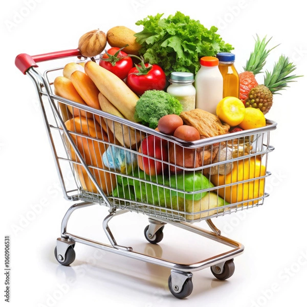 Obraz Shopping cart full of groceries isolated on white background. Healthy food concept.
