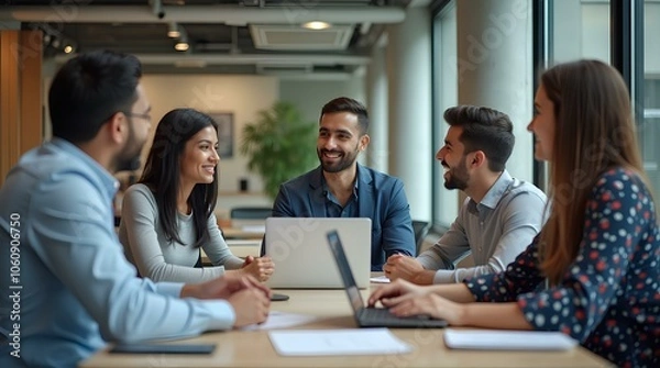 Fototapeta Indian young businesspeople using laptop in group meeting at desk brainstorming  business expertise discussion meeting group for Asian professional teamwork colleagues success together in workplace