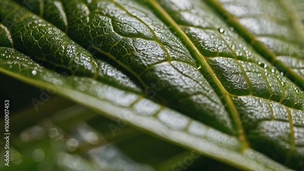 Fototapeta Close-up view of fresh green leaves with drops of water in a lush forest setting during early morning light