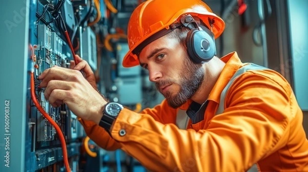 Obraz An electrician in a hard hat and ear protection works on electrical wiring.