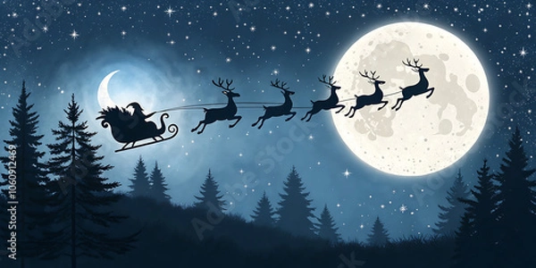 Obraz Silhouetted Santa Claus flies in his sleigh pulled by reindeer against a backdrop of a full moon and a starry night sky, with evergreen trees in the foreground.