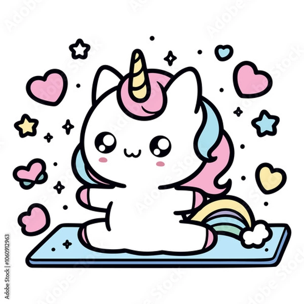 Fototapeta Cute Kawaii Unicorn Sitting with Rainbow and Hearts