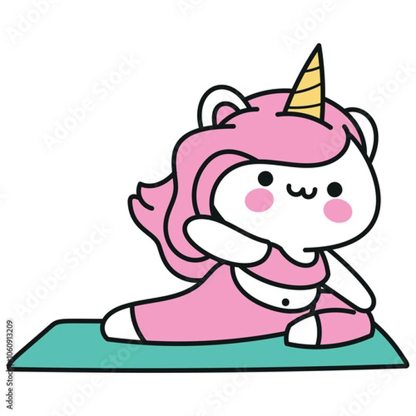 Fototapeta Cute Unicorn Character Practicing Yoga on a Mat