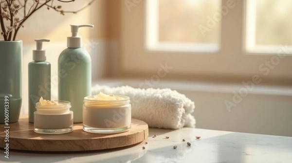 Obraz winter skincare routine setup with moisturizing creams, serums, and a soft towel on a bathroom counter, warm natural light from a window, cozy and clean environment with a focus on healthy skin