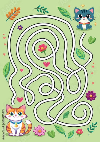 Fototapeta Cute Cat Maze Puzzle With Colorful Flowers and Leaves