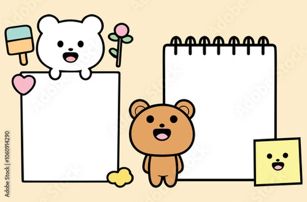 Fototapeta Cute Cartoon Bear Characters With Blank Notepad Pages