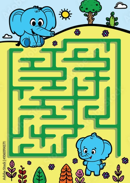Obraz Elephant Cartoon Character Solving Maze in Nature Setting