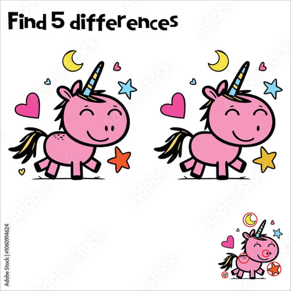Fototapeta Fun Unicorn Spot the Difference Puzzle for Kids