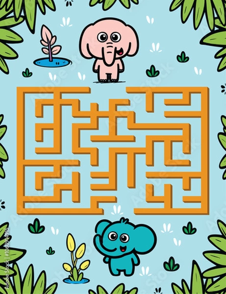 Fototapeta Cute Cartoon Elephants with Fun Maze Puzzle and Jungle Theme