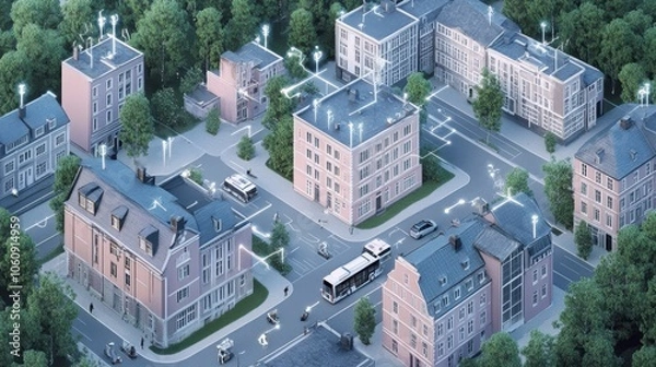 Fototapeta A sustainable 3D cityscape with net-zero infrastructure, featuring electric transport, green buildings, and renewable energy sources in harmony.