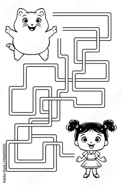 Fototapeta Cute Cartoon Cat and Girl with Maze Puzzle Activity
