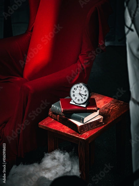 Fototapeta A table with a clock and books on it