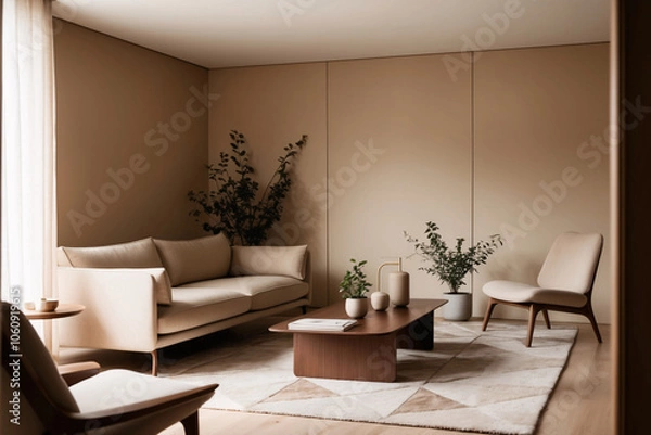 Fototapeta Minimalist, japandi style interior design of modern living room