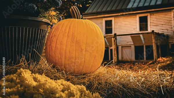 Fototapeta Vibrant pumpkin on a haystack