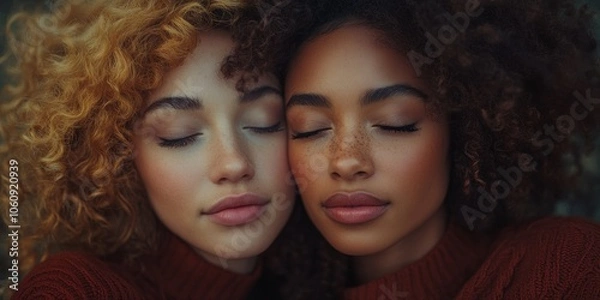 Fototapeta close-up of two women with closed eyes embracing, ideal for friendship, warmth, and tranquility themes