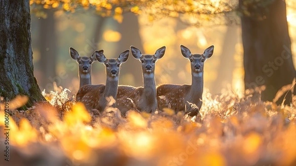Fototapeta A small group of red deer hinds stand among golden autumn leaves, surrounded by tall trees with early morning sunlight filtering through the branches, all looking towards the camera