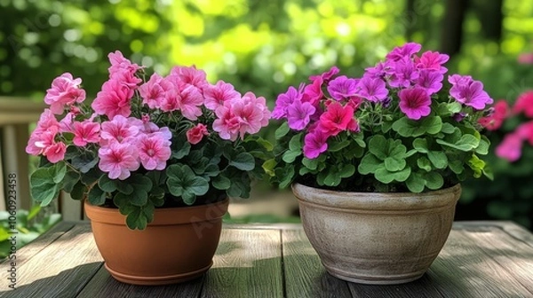Fototapeta Two potted pink petunias in bloom on a wooden table in a garden.