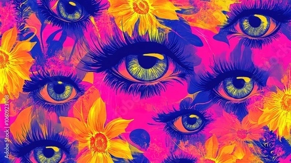 Fototapeta A seamless digital artwork featuring multiple abstract woman eyeballs in a neon-colored, hypnotic, and floral-like design, inspired by pop art and surrealism