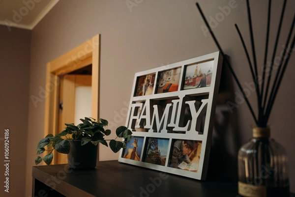 Fototapeta Family-themed photo frame on a shelf, showcasing cherished memories with a potted plant nearby, creating a warm and cozy home atmosphere
