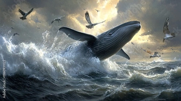 Fototapeta The Bible, the Book of Genesis, the creation of the world by God. God creates great fish and birds