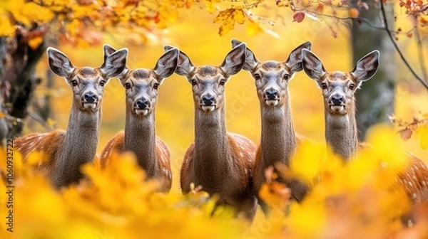 Fototapeta A group of red deer hinds stands motionless in the cool morning air, framed by vibrant autumn foliage, their alert expressions focused on the camera
