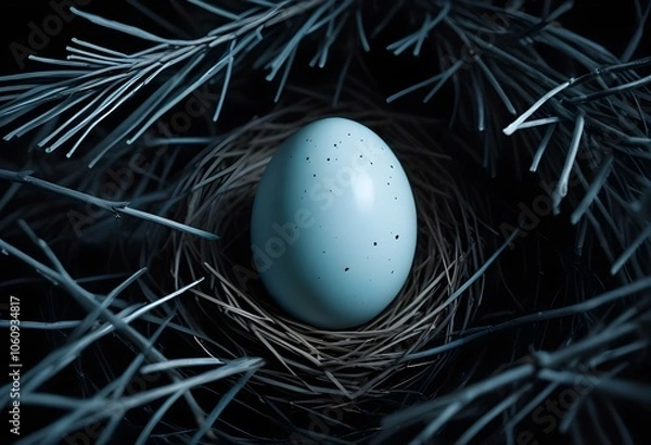 Fototapeta A pale blue egg surrounded by a nest of pine needles and small branches, isolated on a stark black background, with the egg's surface reflecting light subtly create with ai