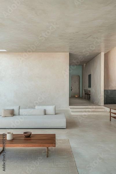 Fototapeta Modern minimalist interior design featuring a spacious living area and soft color palette