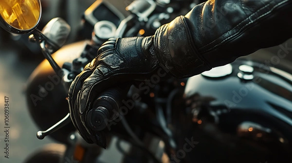 Obraz Hand in glove on motorcycle brake handle