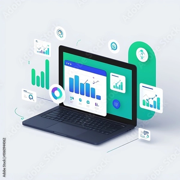 Obraz Laptop Displaying Various Data Graphs and Charts Surrounded by Related Icons