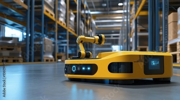 Fototapeta Worker adjusting robotic system, seamless warehouse automation, high-tech interior