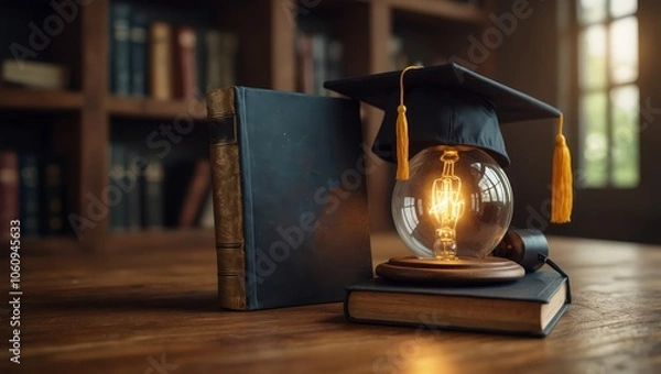 Obraz Graduation cap with a lightbulb on the book and icon learning in the classroom. Education learning concepts in school or university. Idea knowledge of innovative technology, science