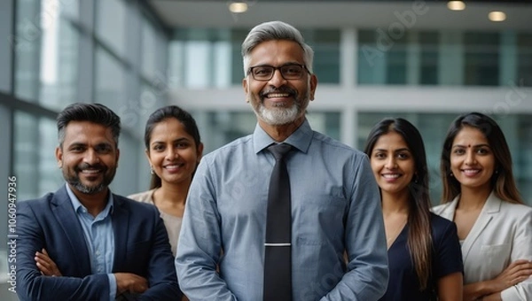 Obraz Group of Happy Multiethnic Indian Team of Female and Male Managers, Specialists and Business Professionals Posing for Camera and Smiling. Portrait of a Confident South Asian Team Leader