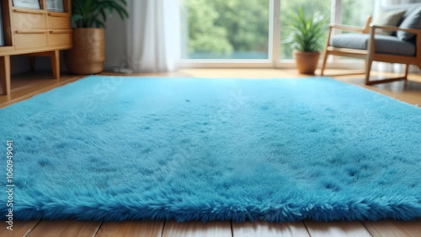 Obraz Stunning Large Blue Rug Decorated On A Warm Wooden Floor Surrounded By Cozy Modern Furniture