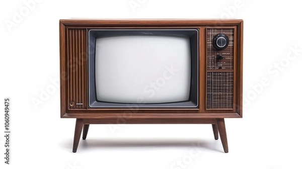 Obraz A classic vintage television set from the 1970s with wood paneling and a blank screen, isolated on a bright white background, evoking nostalgia for retro decor