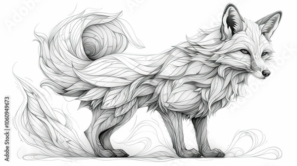 Fototapeta Detailed illustration of a fox with artistic swirls and delicate linework, bleeding nature and imagination in black and white tones. Captures elegance, beauty, and the mysterious charm of wildlife