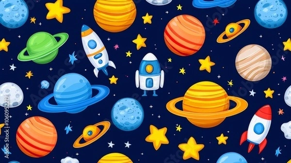 Fototapeta This seamless background features a flat illustration of outer space, including planets and stars.