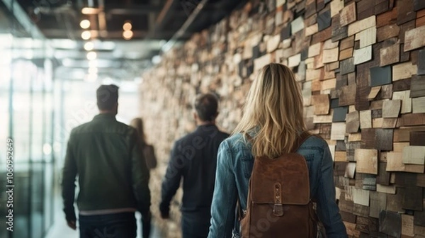 Fototapeta A group of three people, seen from behind, walks along a uniquely designed hallway with a textured wood wall, reflecting a sense of exploration and modernity.