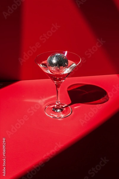 Obraz Cocktail party with disco ball on sunset coral color background. Disco party, retro fashion. Modern stylish banner template for holiday card, banner, flyer, menu with space for text