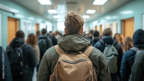 Fototapeta A person wearing a jacket and backpack moves through a bustling hallway filled with people, representing the daily commute and dynamic movement in urban life.