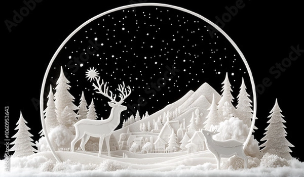 Obraz Elegant paper-cut diorama of a winter landscape with a majestic deer, snow-covered trees, a village, and mountains