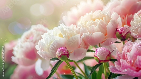 Obraz Blooming Peonies with Dew Drops: Fresh pink peonies with dew drops on their petals, highlighting the beauty and freshness of the flowers.