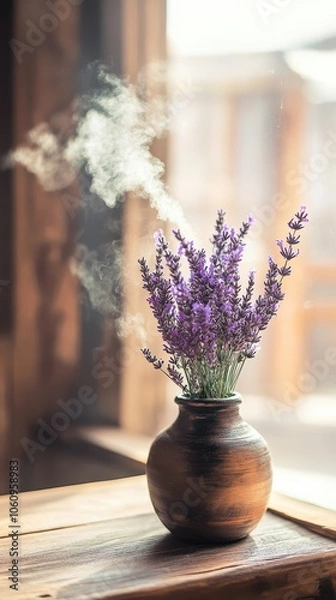 Obraz Lavender Bouquet with Gentle Steam in Glass Vase	