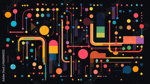 Fototapeta Abstract flat background with colorful lines and dots on black, simple geometric shapes forming an illuminated subway map pattern