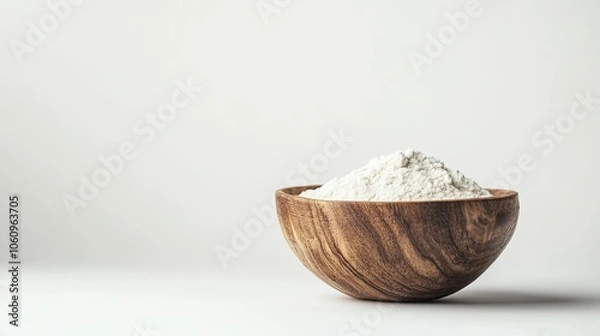 Fototapeta Close-up of rustic wooden bowl filled with flour on a bright white background, simple and natural.