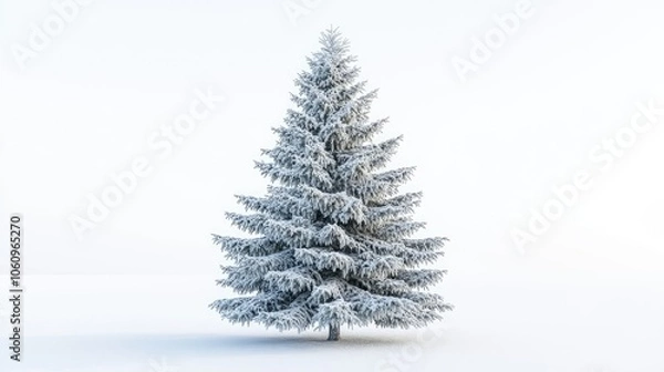 Fototapeta Frozen Christmas tree with delicate frost on branches, set against a clean white background.
